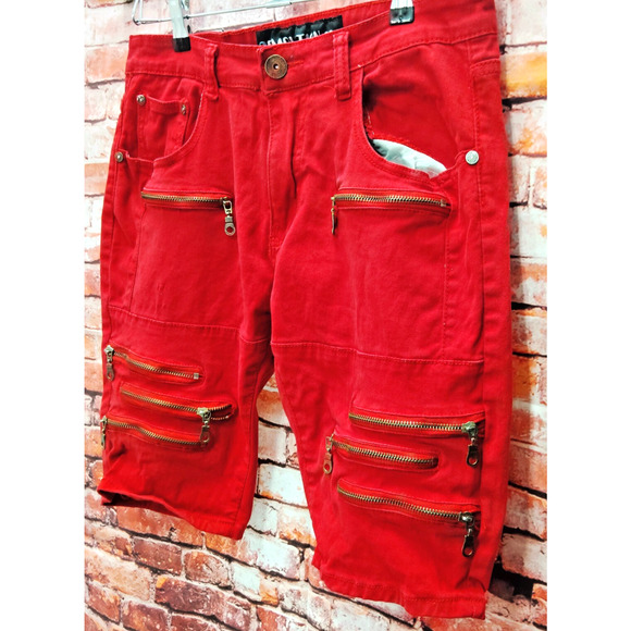 Demolition Capri Jeans Mens 36 Red Denim Stacked Zipper Five Pocket Y2K Grunge - Picture 4 of 8